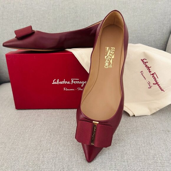 NWT Ferragamo MIMI 1cm Leather Grosgrain Bow Pointed Toe Bow Ballet Flat Shoe - Picture 2 of 8